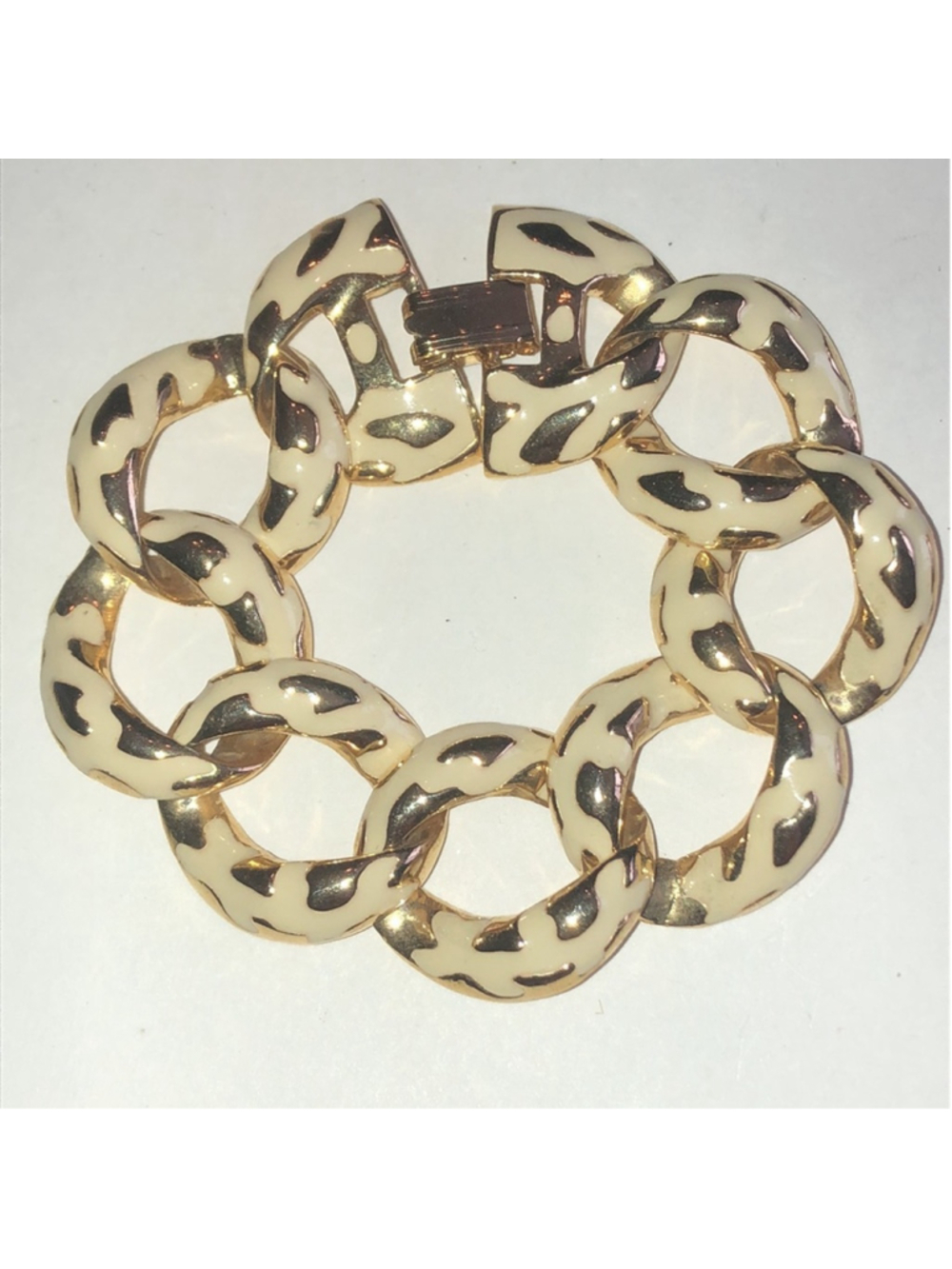 Angel Brand Signed Gold Tone Cream Enamel Chunky Chain Bracelet